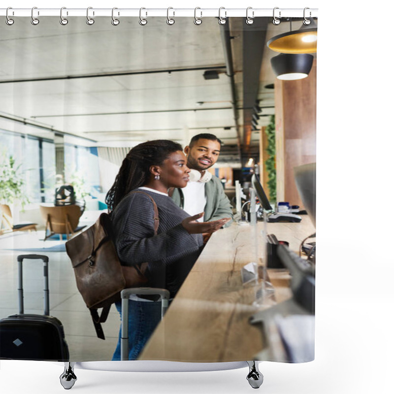 Personality  A Young Couple Discusses Their Vacation Plans At A Stylish Hotel Lobby With Luggage In Tow. Shower Curtains