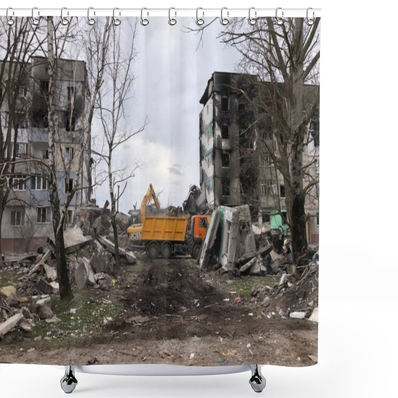 Personality  Borodyanka, Kyiv Region, Ukraine. April 08, 2022: Destroyed Building After Russian Occupation  Shower Curtains