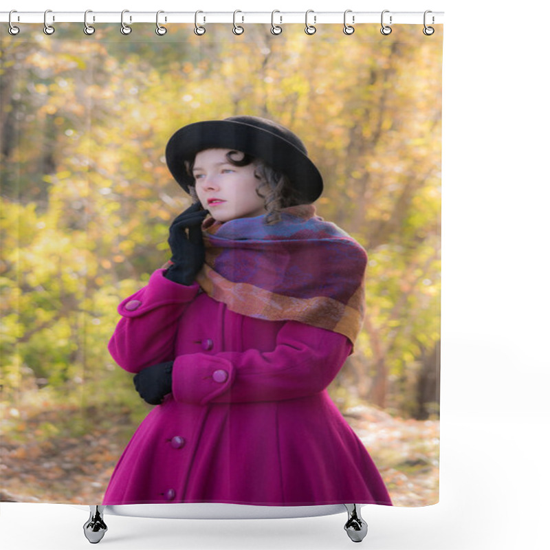 Personality  Portrait Girl In A Bright Crimson Coat In Sunny Autumn Day Outdoors. Shower Curtains