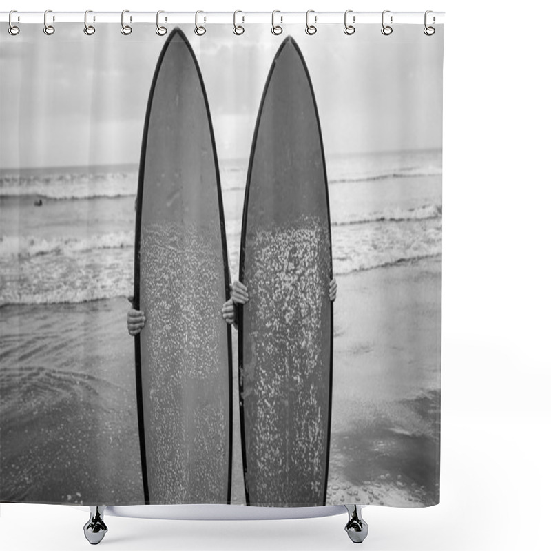 Personality  Couple Of Surfers Behind The Surfboards Shower Curtains