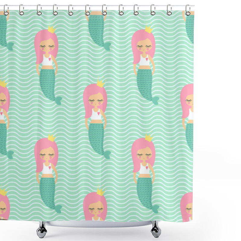 Personality  Cute Pink Hair Mermaid Girl Seamless Pattern On Mint Green Waves Background. Shower Curtains