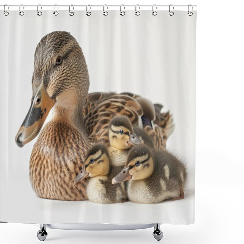 Personality  A Female Mallard Duck With Three Adorable Ducklings, Portraying A Nurturing And Serene Moment. Shower Curtains