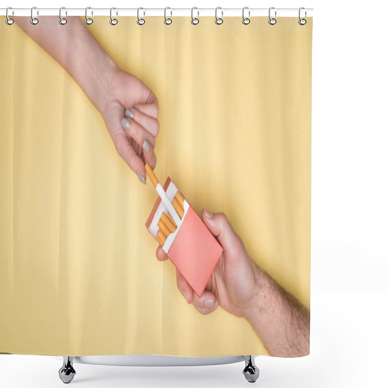 Personality  Partial View Of Man Treats Woman With Cigarette Isolated On Yellow Shower Curtains