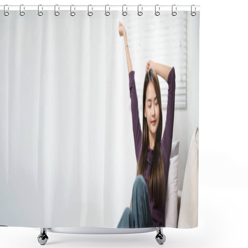 Personality  Well Rested Woman Lying On Soft Cushions Stretching Body Muscles Raises Her Arms On Cozy Sofa After Healthy Nap, Stress-free Leisure, Modern Furniture, Happy Home Owner Relax At Home Concept Shower Curtains