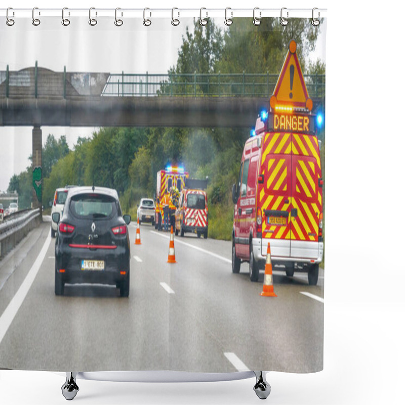 Personality  Strasbourg, France - Sep 8, 2024: View Through A Rain-covered Windshield Of A Renault Car Driving On A French Highway, With A Safety Truck Displaying A Danger Sign Due To An Accident Ahead Shower Curtains