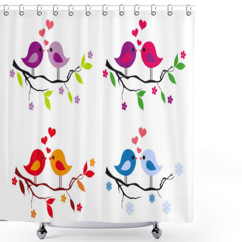 Personality  Cute Birds With Red Hearts On Tree, Vector Set Shower Curtains