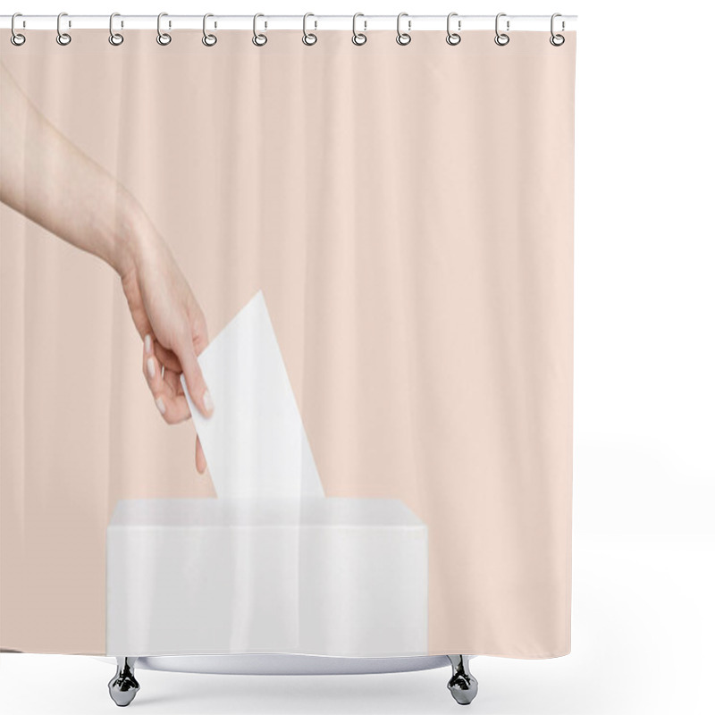 Personality  Civilized Equal Rights Concept. Female Hand Lowers Ballot In Ballot Box On Light Suntan Peach Background Shower Curtains