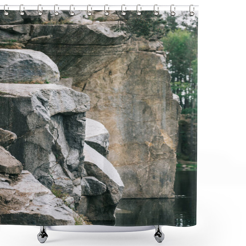 Personality  Close-up Shot Of Dramatic Rocky Cliff Over Lake Shower Curtains