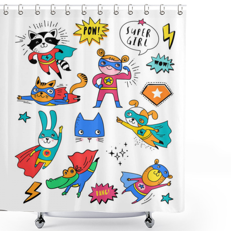 Personality  Superhero Cute Hand Drawn Animals, Vector Characters Shower Curtains