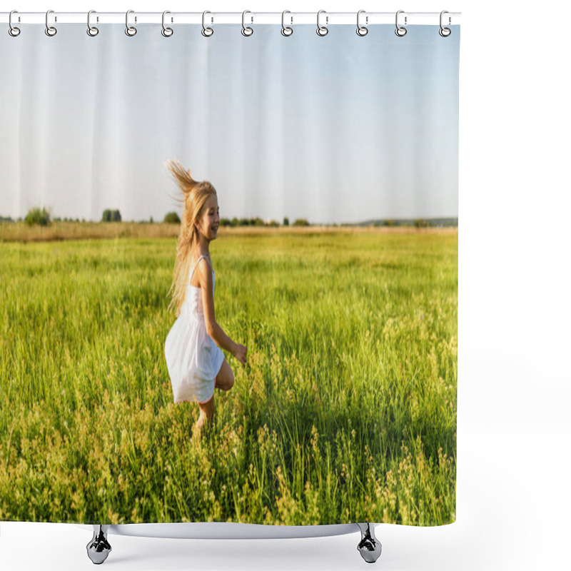 Personality  Adorable Little Child Running By Green Field Under Sunset Rays Shower Curtains