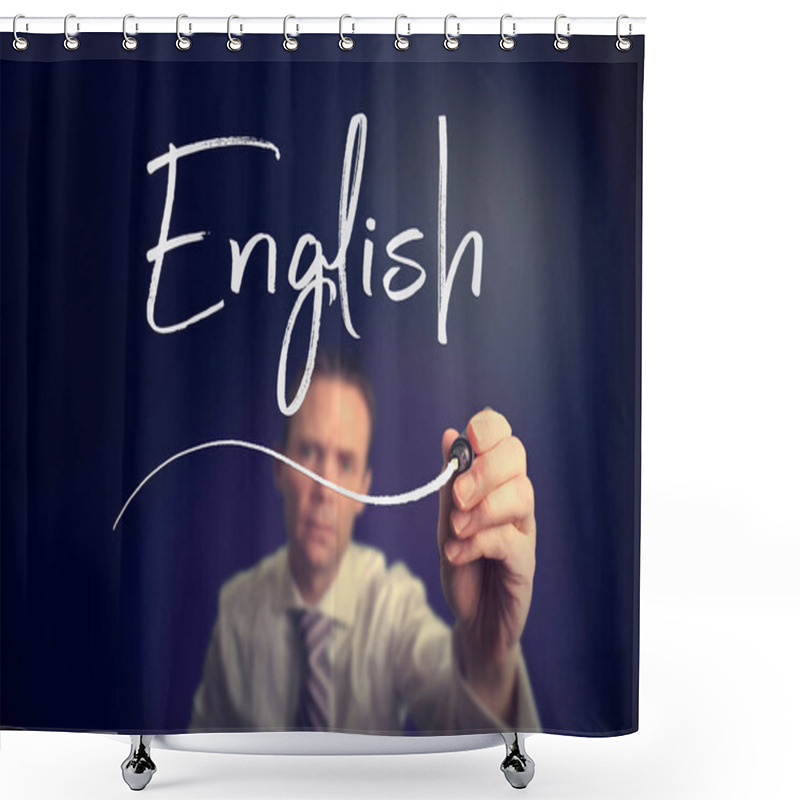 Personality  Businessman Writing English Concept With White Pen On Clear Screen Shower Curtains