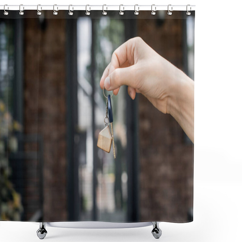 Personality  Partial View Of Real Estate Agent Holding Key Near New City Cottage On Blurred Background Shower Curtains