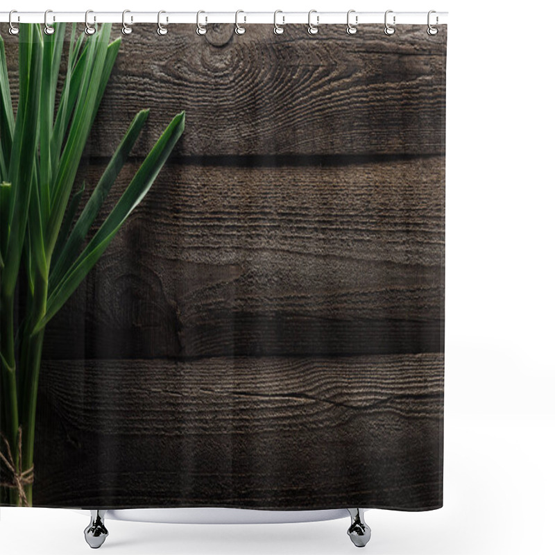 Personality  Top View Of Green Leek On Wooden Rustic Table Shower Curtains