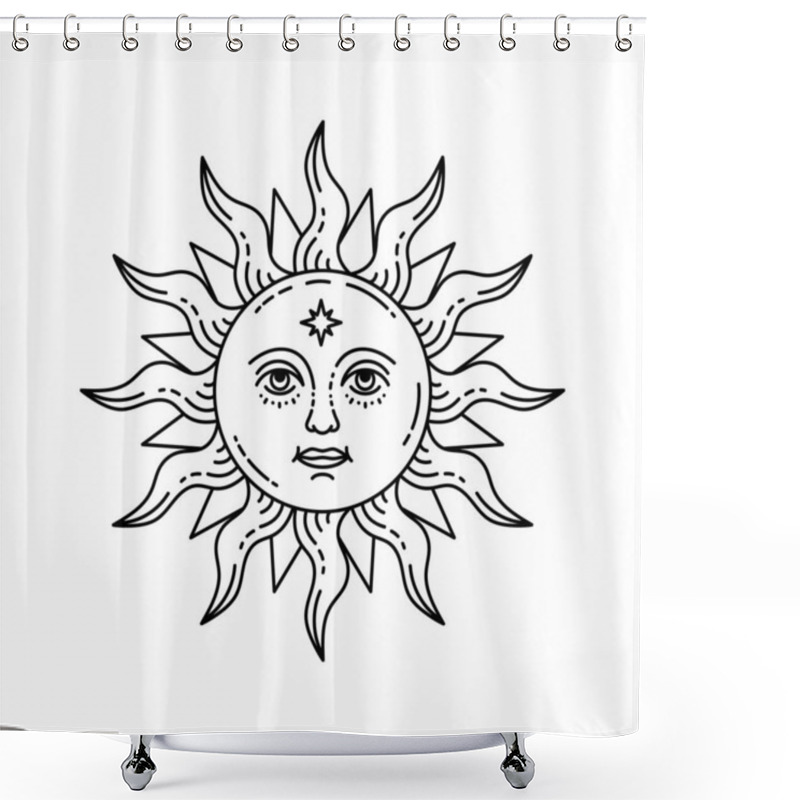 Personality  Celestial Illustration Of Sun With Face And Opened Eyes, Stylized Drawing, Tarot Card. Mystical Element For Design, Logo, Tattoo. Vector Illustration Isolated On White Background. Bohemian Illustration Shower Curtains