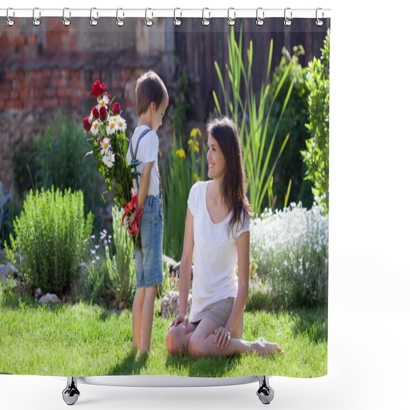 Personality  Beautiful Kid And Mom In Spring Park, Flower And Present. Mother Shower Curtains