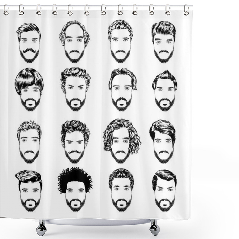 Personality  Set Of Men S Hairstyles, Beards And Mustache. Hand-drawn Sketch. Vector Illustration. Shower Curtains