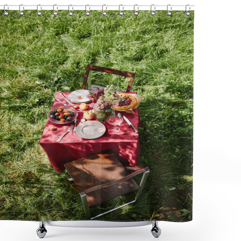 Personality  High Angle View Of Table With Fruits And Pie In Garden Shower Curtains