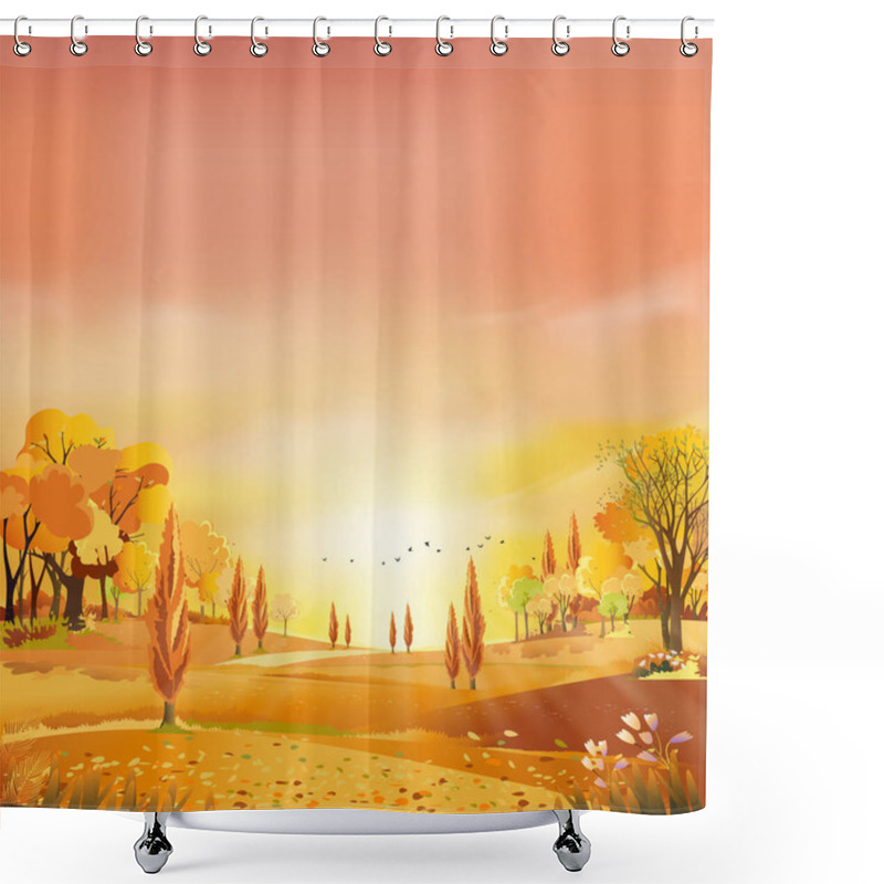 Personality  Autumn Rural Landscape In Evening Light With Sunset, Yellow,pink,orange Sky Background,Vector Cartoon Fall Season At Countryside With Forest Tree And Grass Field With Sunrise,Backdrop Natural Banner  Shower Curtains