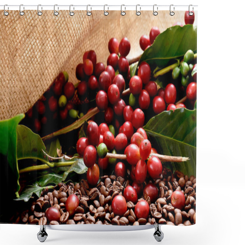 Personality  Coffee Beans And Red Berries On A Wooden Background Shower Curtains