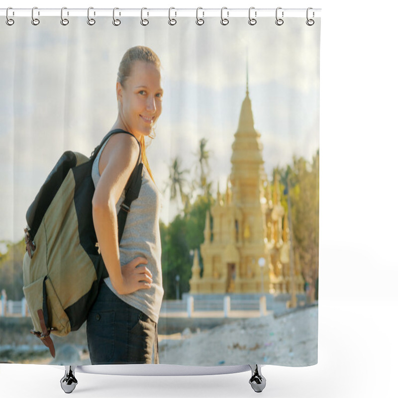 Personality  Young Woman Looking At Golden Pagoda. Hiking At Asia Shower Curtains