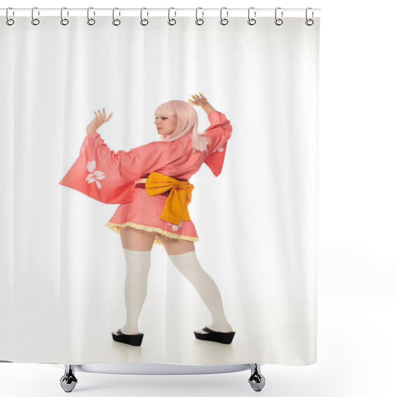 Personality  Young Anime Style Woman In Pink Kimono With Yellow Bow And White Knee Socks On White, Full Length Shower Curtains