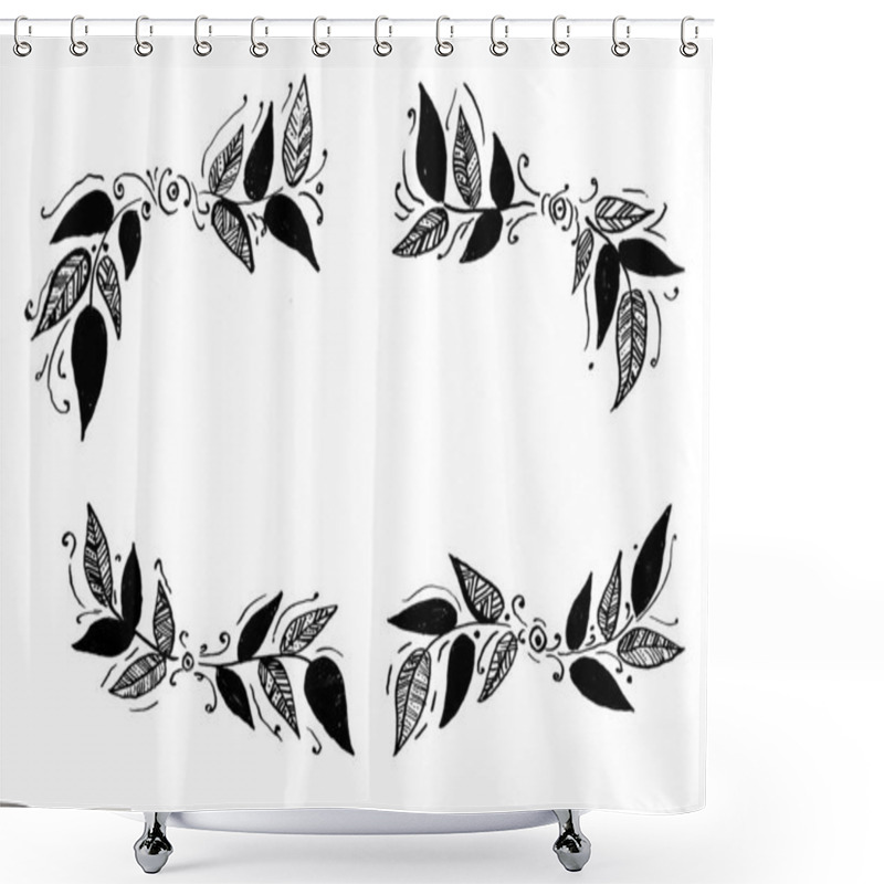 Personality  Frame, Framing Of Leaves. White Background And Copy Space. Leaves Of Different Shapes And Sizes, Filled With Decor. Lines, Dots, Ornament Or Fill. Black Color. Doodle. Dots, Swirls Around. Isolated. Shower Curtains