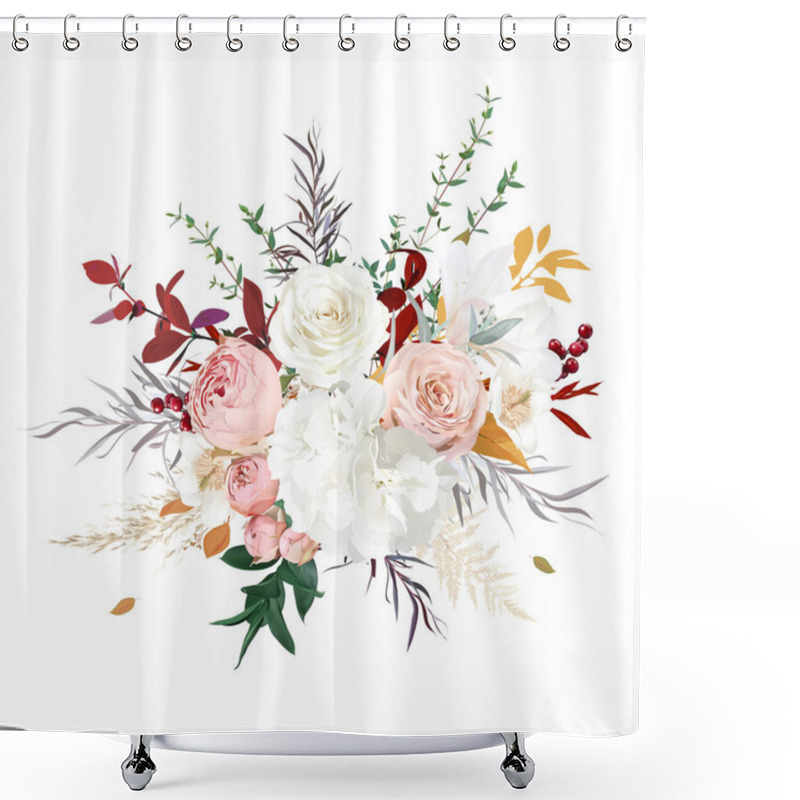 Personality  Rust Orange, Beige, White Rose Flower, Burgundy Leaves, Hydrangea, Pampas Grass, Magnolia Shower Curtains