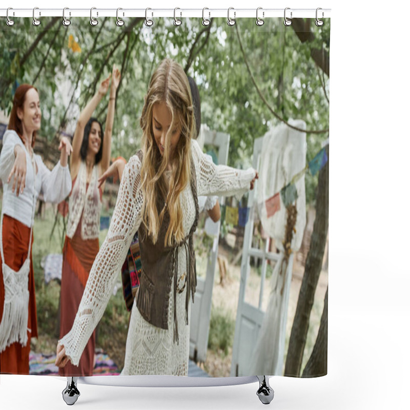 Personality  Young Blonde Woman In Boho Styled Dress Dancing Near Blurred Multiethnic Friends In Retreat Center Shower Curtains