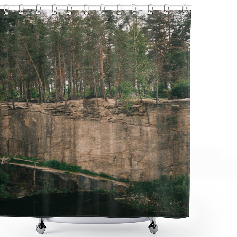 Personality  Scenic View Of Trees On Rocky Cliff Over River In Forest Shower Curtains