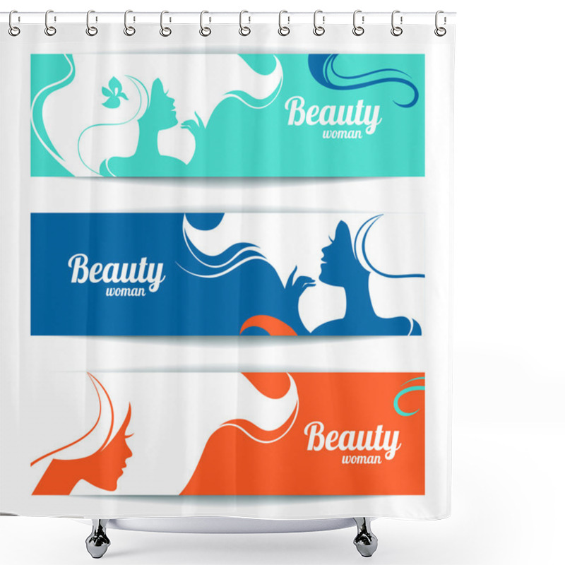 Personality  Banners With Stylish Beautiful Woman Silhouette. Template Design Shower Curtains