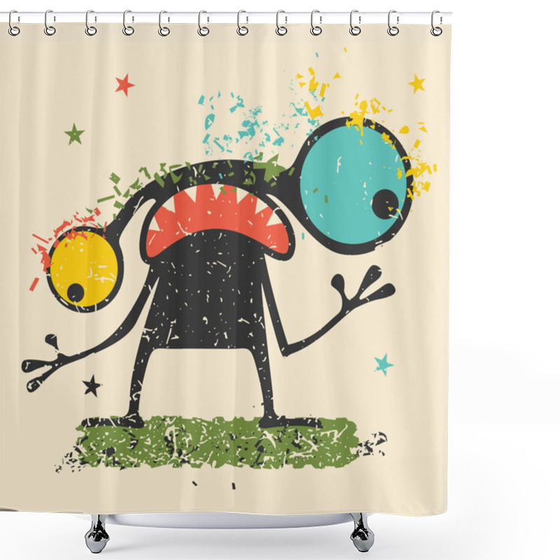 Personality  Cute Black Monster With Emotions On Retro Grunge Background.  Shower Curtains