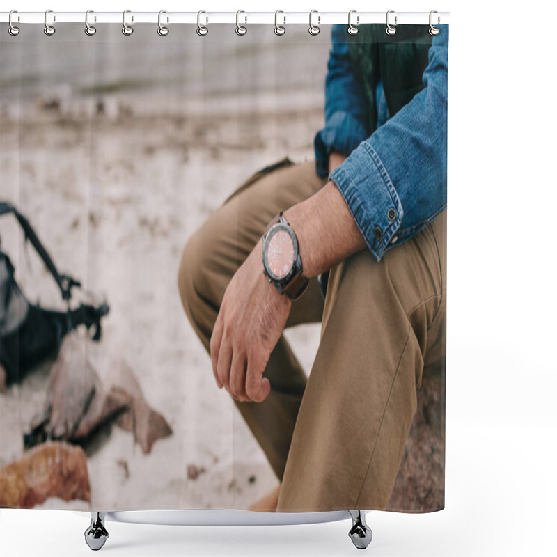 Personality  Partial View Of Man With Watch On Wrist Resting On Sandy Beach Shower Curtains