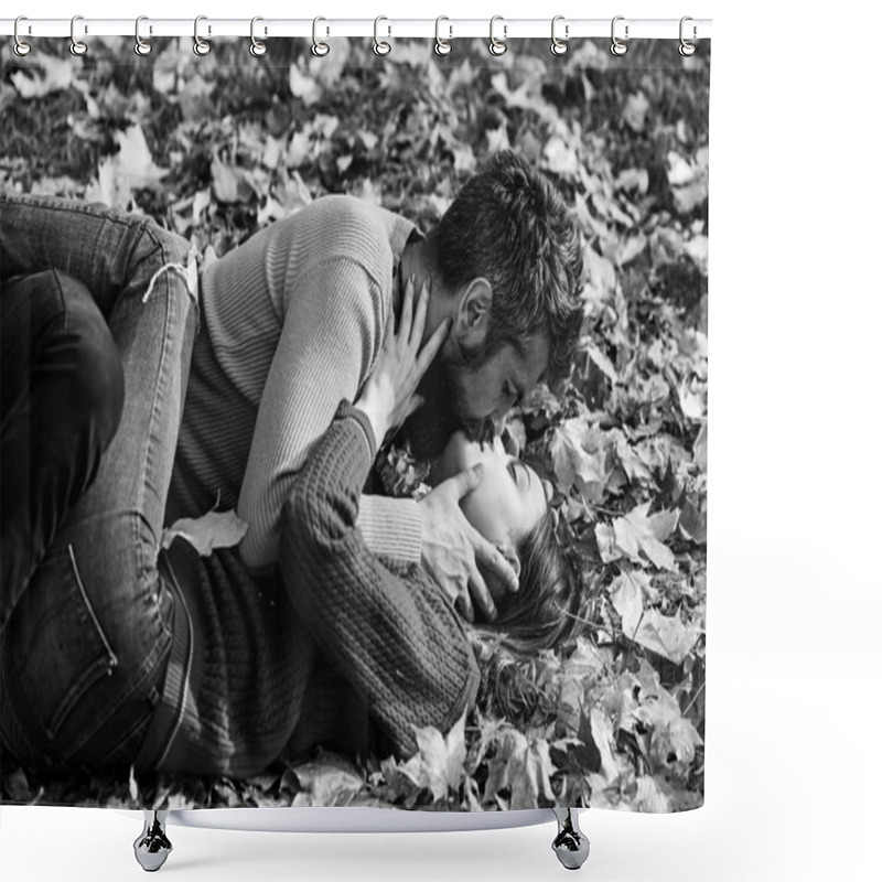 Personality  Relationship And Fall Time. Man And Woman With Tender Faces Shower Curtains