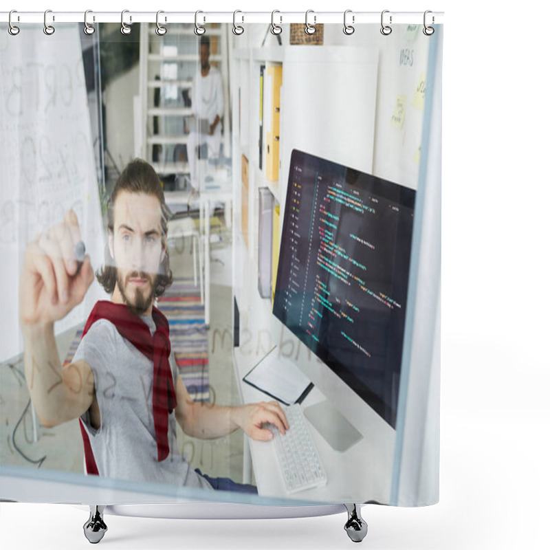 Personality  Serious Confident Young Creative Hipster Coder In Casual Clothing Sitting At Table With Powerful Computer And Working With Programming Language, He Making Notes On Glassy Wall Shower Curtains