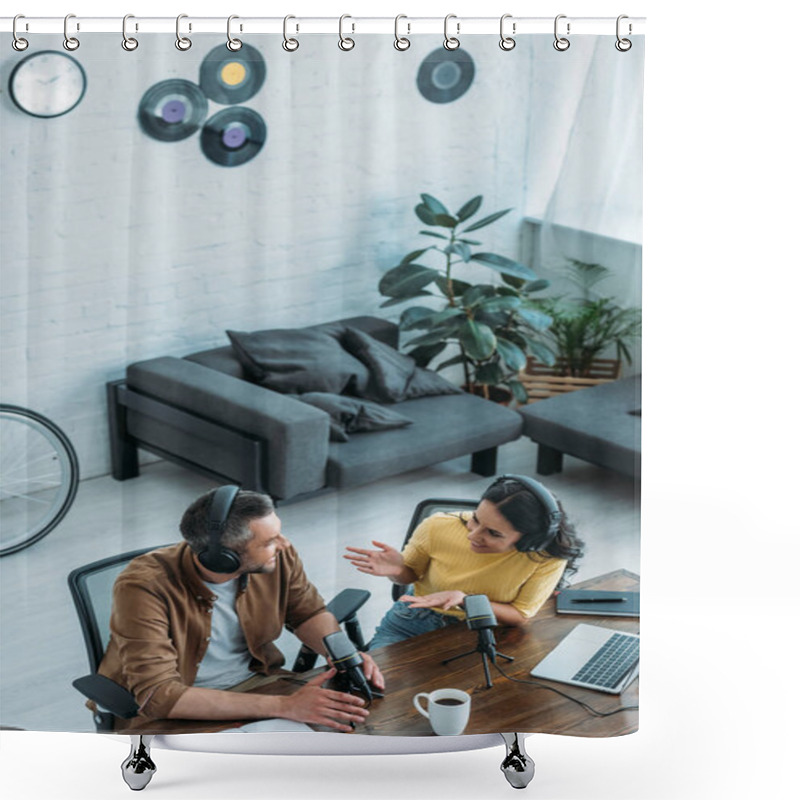 Personality  High Angle View Of Two Radio Hosts Talking While Sitting At Workplace In Broadcasting Studio Shower Curtains