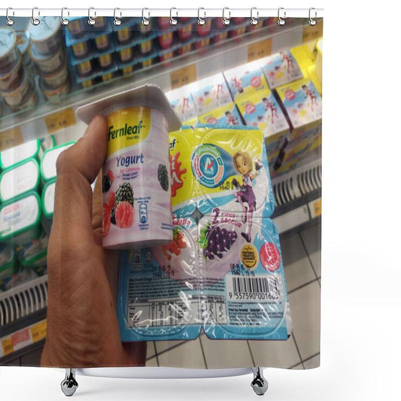 Personality  KUALA LUMPUR, MALAYSIA -MARCH 09, 2018: Selected Focused On The Dairy Product Displayed On Cool Chiller Rack In The Supermarkets. The Product Packed Nicely Following Its Brands.   Shower Curtains