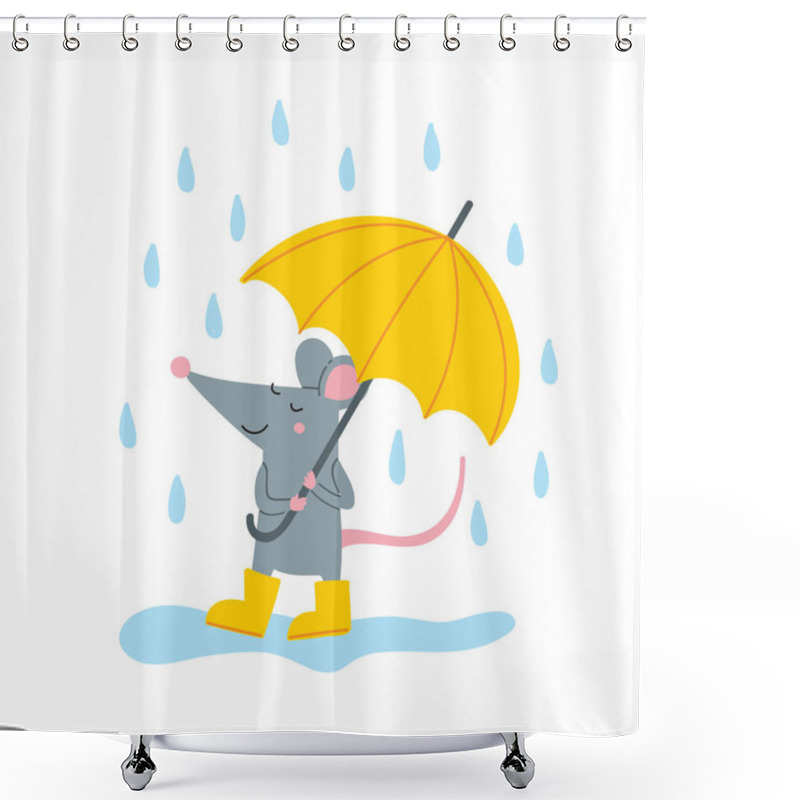 Personality  Vector Illustration Of Cute Rat In Yellow Rubber Boots With Umbrella Walking In Rainy Day. Can Be Used As A Template For Your Card Design, Placard, Poster, Postcard, Banner, Invitation, Children's Picture Book, Sticker, Badge. Shower Curtains