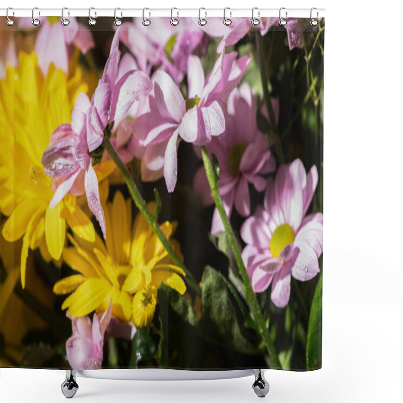 Personality  Close Up View Of Fresh Violet And Yellow Daisies With Water Drops Shower Curtains