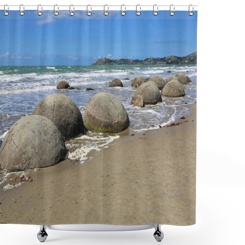 Personality  Moeraki Boulders And The Wave - Koekohe Beach, New Zealand Shower Curtains