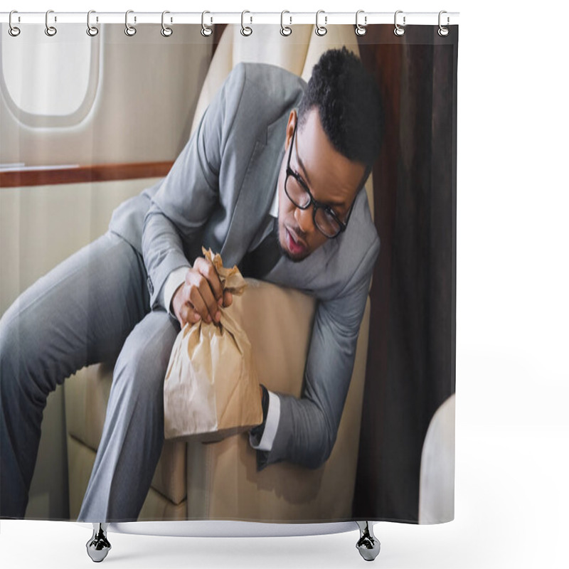 Personality  Nervous African American Businessman Holding Paper Bag While Having Panic Attack During Flight On Plane Shower Curtains