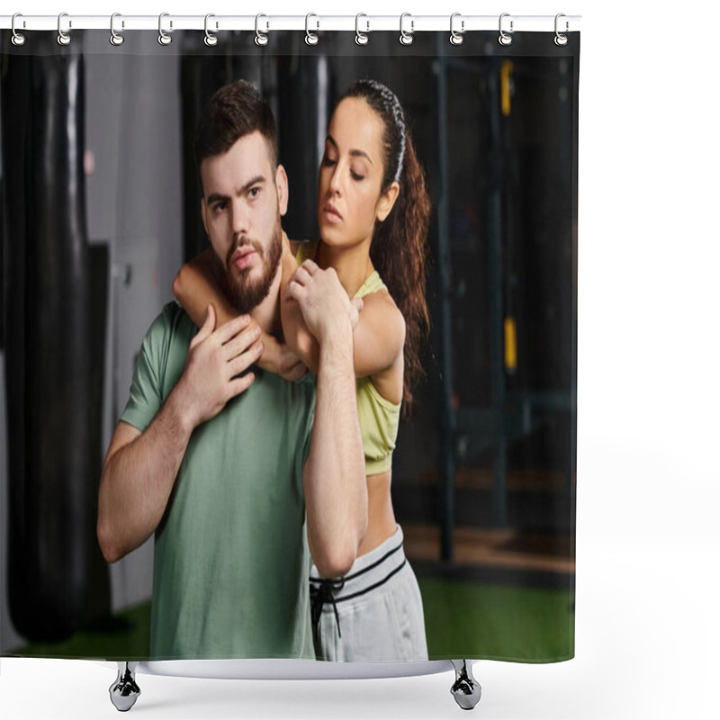 Personality  A Male Trainer Demonstrates Self-defense Techniques To A Woman In A Gym Setting, Showing Support And Empowerment. Shower Curtains