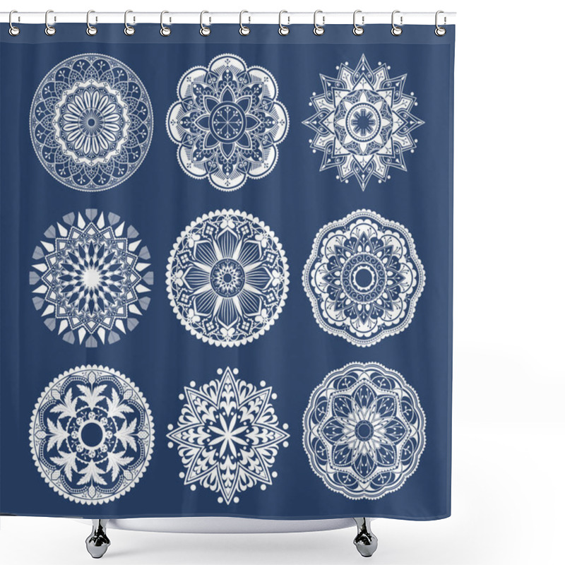 Personality  White Mandala Patterns Set On Blue Background Shower Curtains