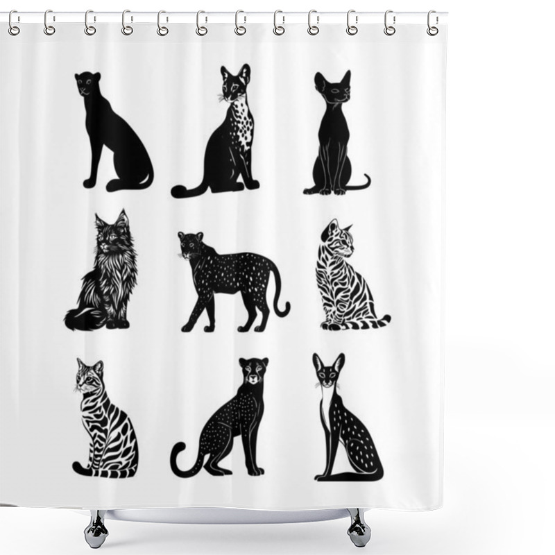 Personality  Various Black Silhouette Illustrations Of Different Cats Arranged In A Grid Pattern Showcasing Their Unique Features And Characteristics Shower Curtains