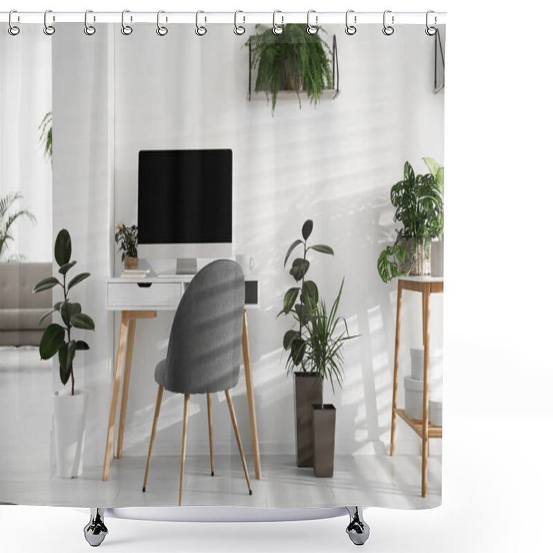 Personality  Modern Workplace In Room Decorated With Green Potted Plants. Home Design Shower Curtains