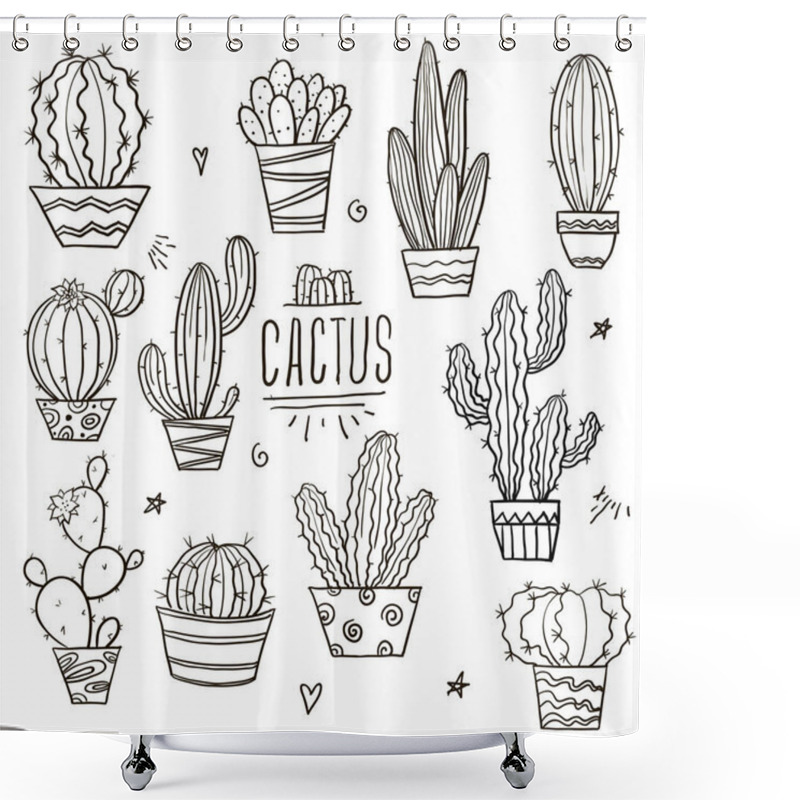 Personality  Cute Cactus And Succulents Collection With Doodle Outline Illustrations. Botanical Set With Different Cacti Shower Curtains