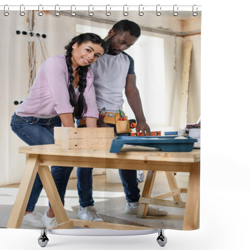 Personality  Young African American Couple Making Renovation Of Apartments Together Shower Curtains