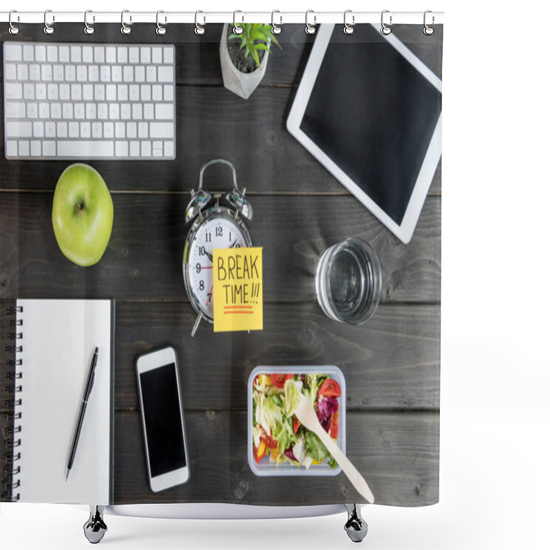 Personality  Top View Of Digital Devices With Apple And Salad With Alarm Clock Mock-up On Tabletop Shower Curtains