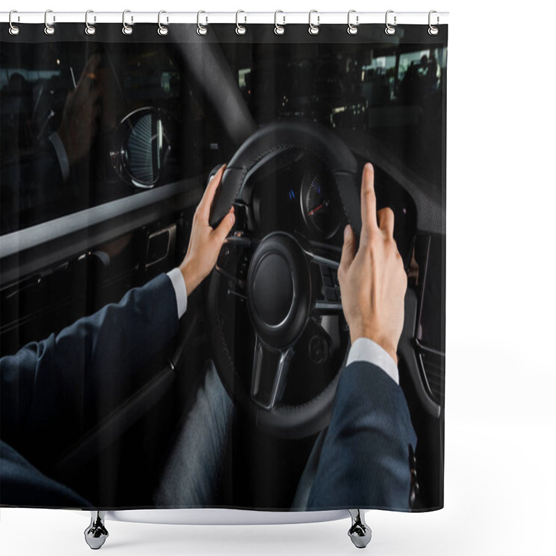 Personality  KYIV, UKRAINE - OCTOBER 7, 2019: Cropped View Of Driver Touching Steering Wheel While Sitting In Porshe  Shower Curtains