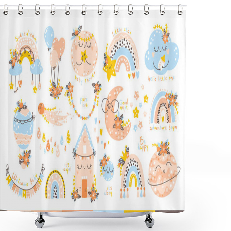 Personality  Nursery Set. Vector Collection Of Cute Baby Shower Elements In Simple Hand-drawn Scandinavian Cartoon Doodle Style. Rainbow, Planet, Moon, Clouds With Faces. Limited Pastel Palette Shower Curtains