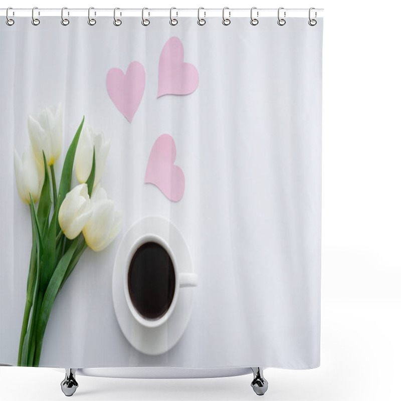 Personality  Top View Of Tulips Near Cup With Coffee On Saucer Near Paper Hearts On White Shower Curtains